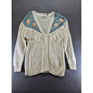 Vintage Nuggets Hand Knitted Floral Fringe Cardigan Sweater Cream Blue Large